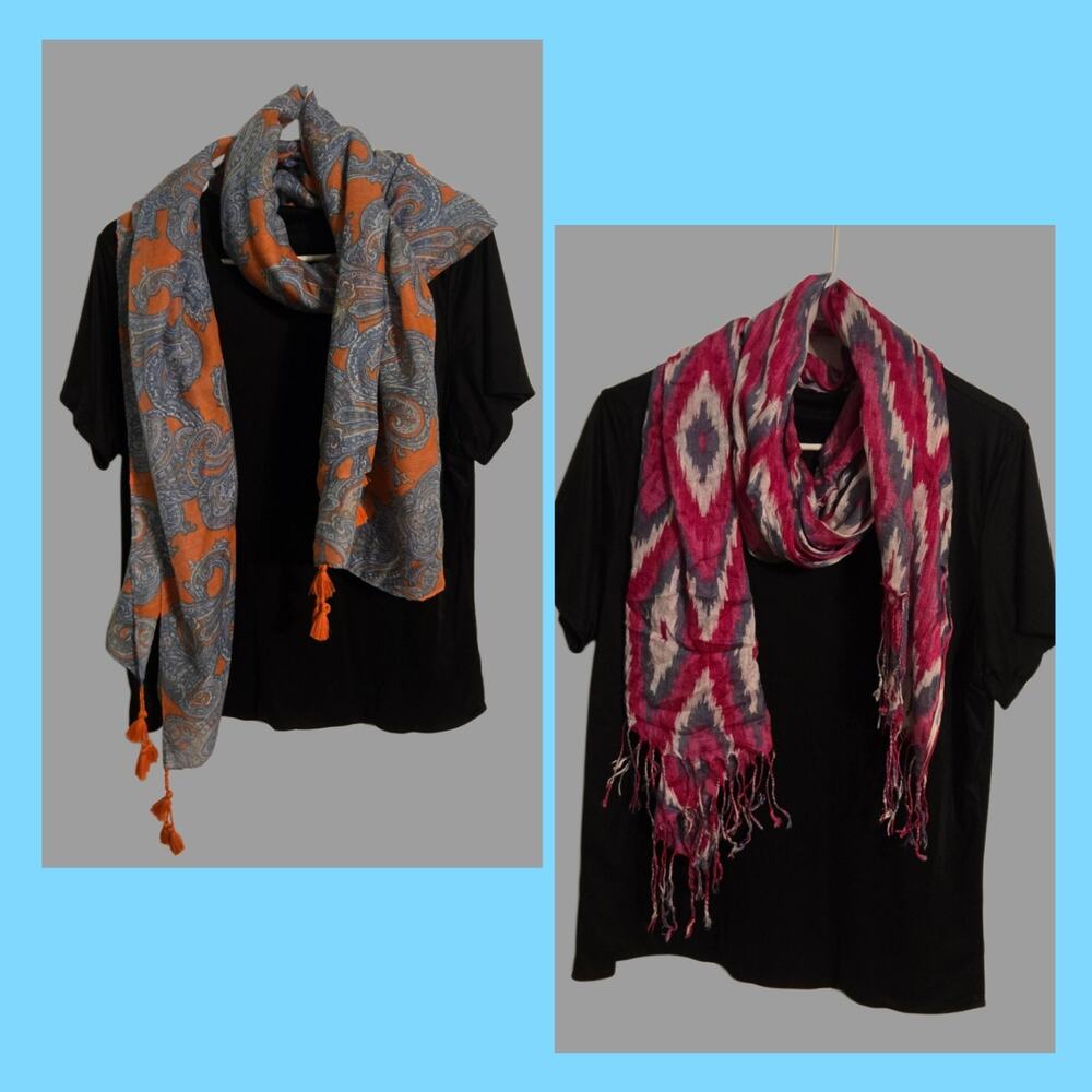 Pair of fringe/tassel scarves/wraps pink geometric and blue paisley